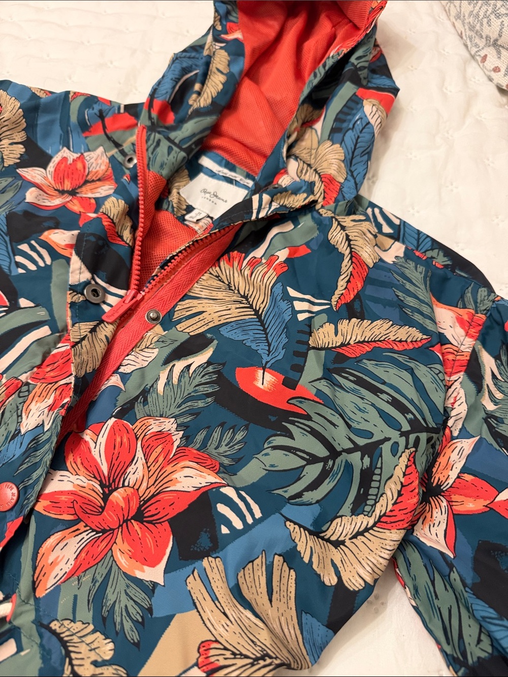 Pepe Jeans Floral Hooded Utility Jacket - Teal & Coral